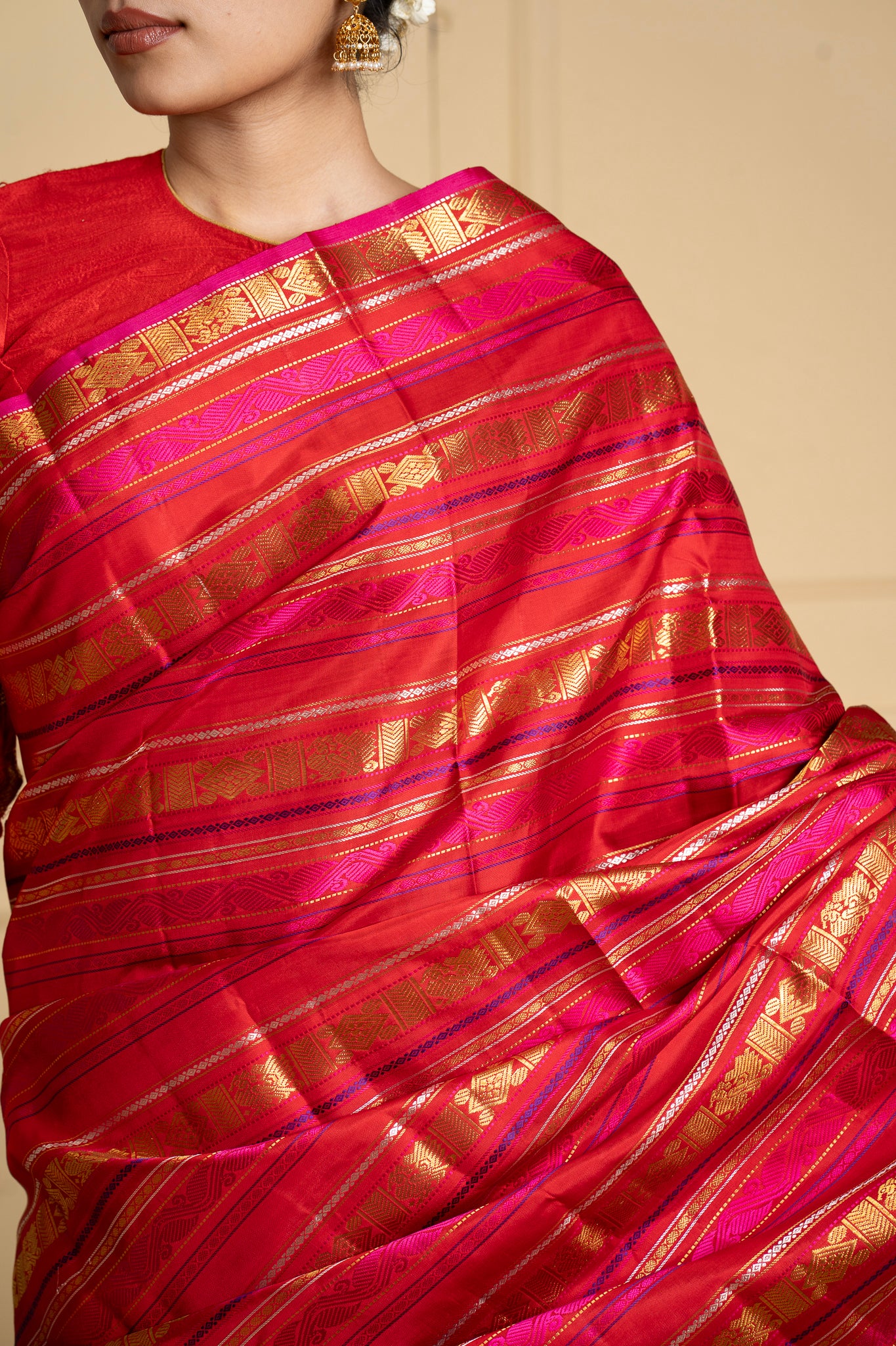 Red Varisaipettu Pure Zari Heirloom Kanchipuram Silk Saree - Clio Silks