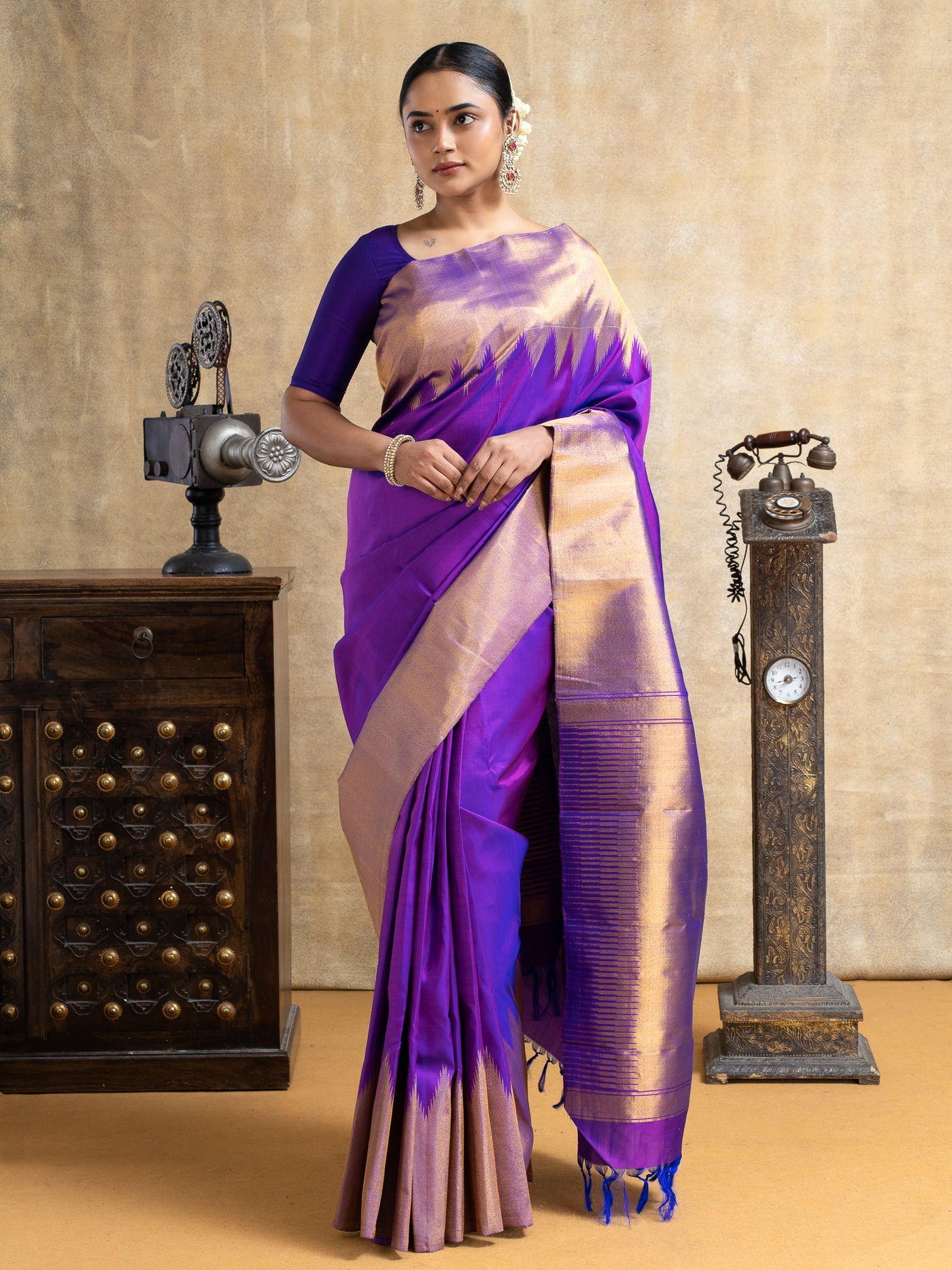 Aubergine Purple Temple Border Pure Kanchipuram Silk Saree