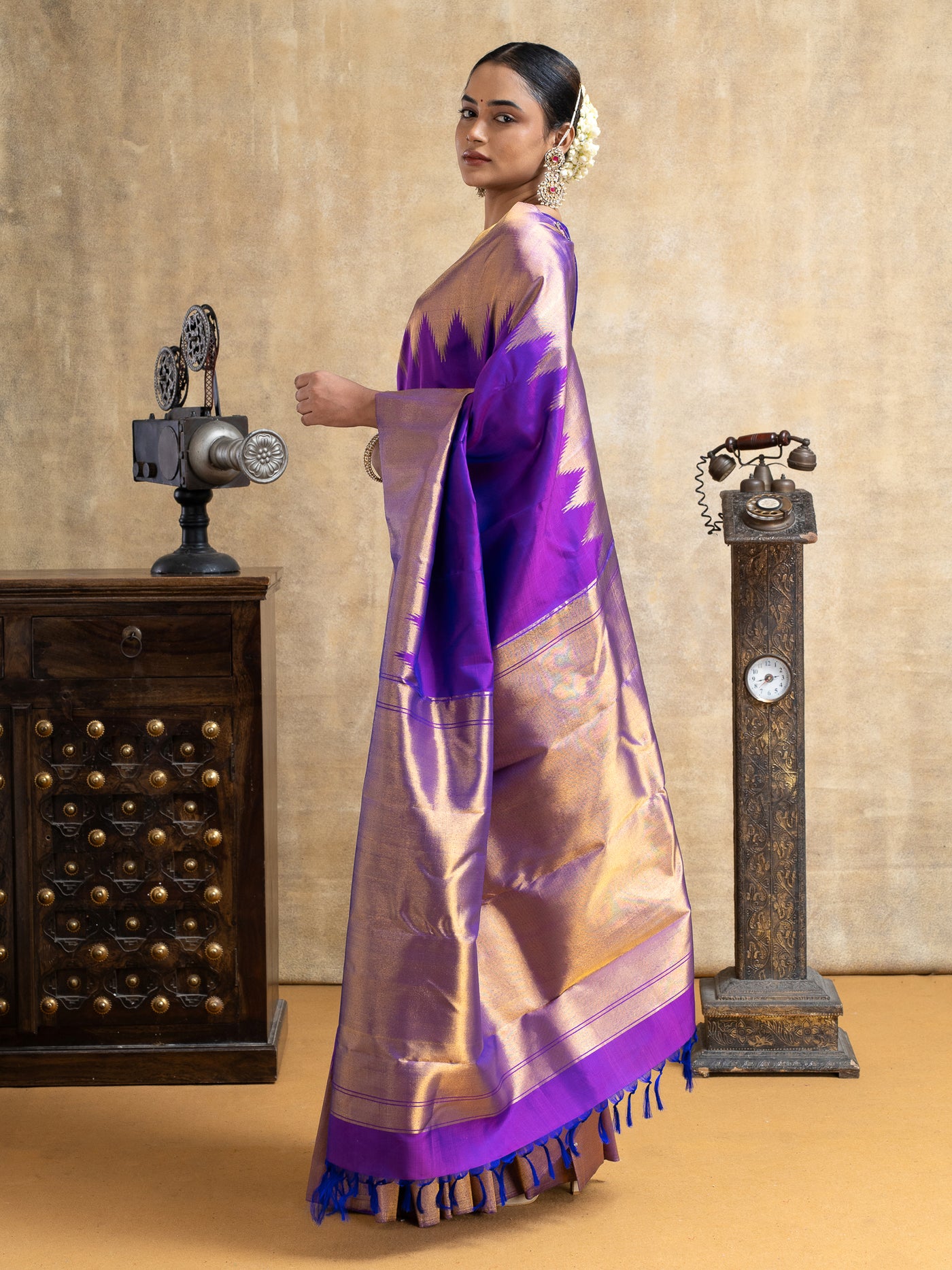 Aubergine Purple Temple Border Pure Kanchipuram Silk Saree