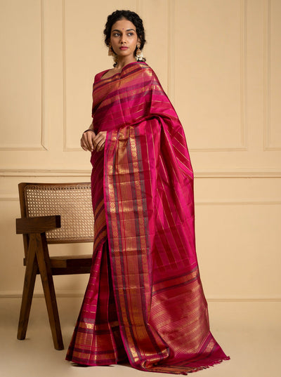 Pink and Ruby Red Pure Zari Stripes Pure Kanchipuram Silk Saree - Clio Silks