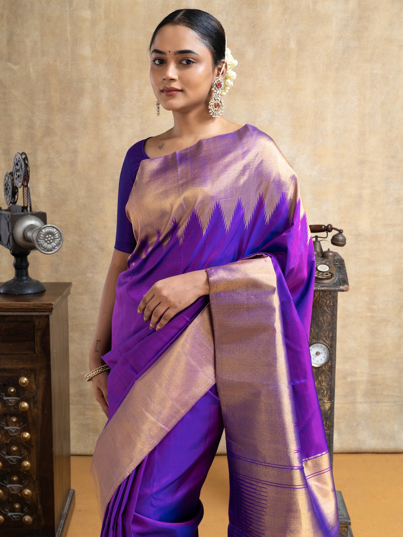 Aubergine Purple Temple Border Pure Kanchipuram Silk Saree