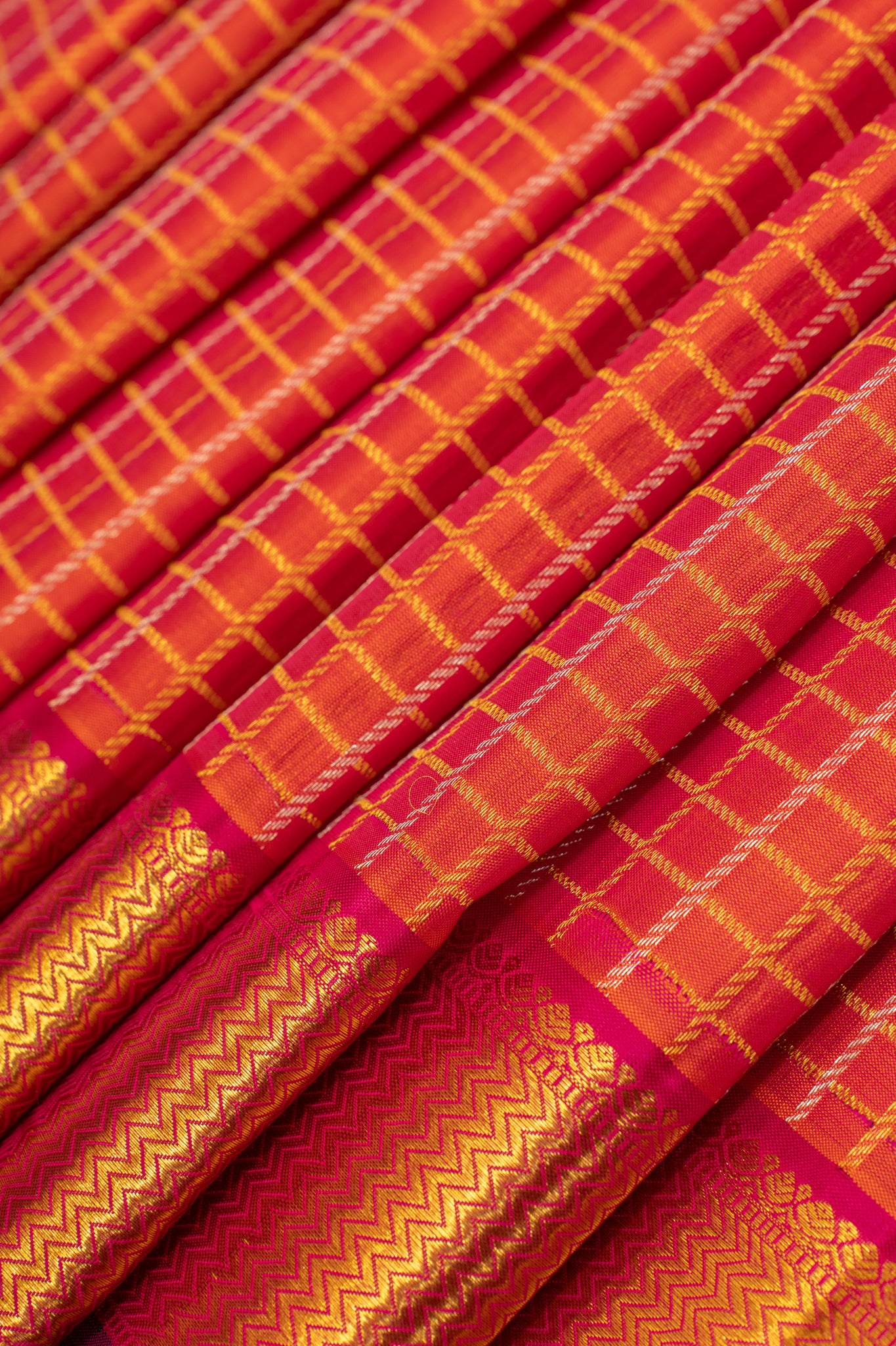 Peach orange zari checks traditional pure Kanchipuram silk saree