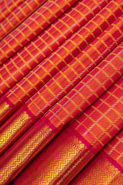 Peach orange zari checks traditional pure Kanchipuram silk saree