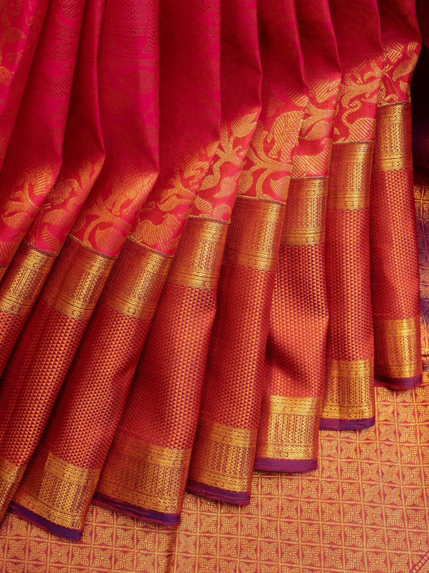 Rani pink vanasingaram rettai pettu pure Kanchipuram silk saree