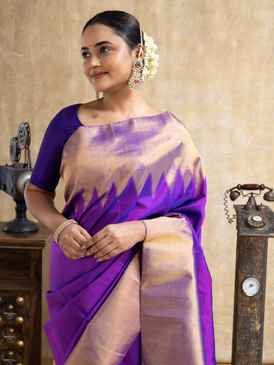 Aubergine Purple Temple Border Pure Kanchipuram Silk Saree