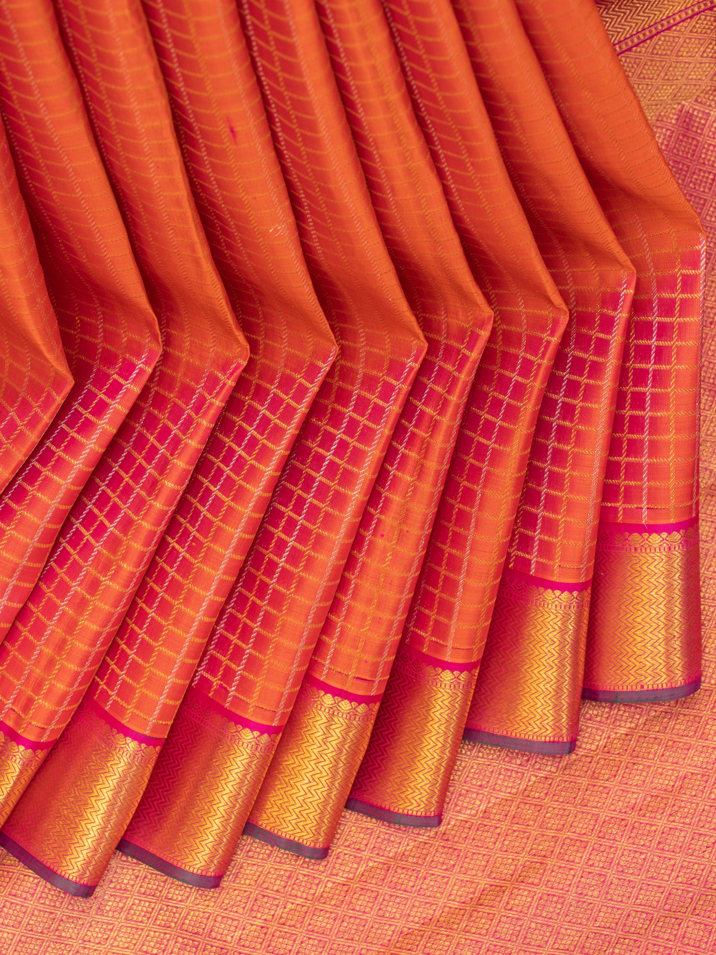 Peach orange zari checks traditional pure Kanchipuram silk saree