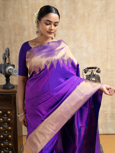 Aubergine Purple Temple Border Pure Kanchipuram Silk Saree