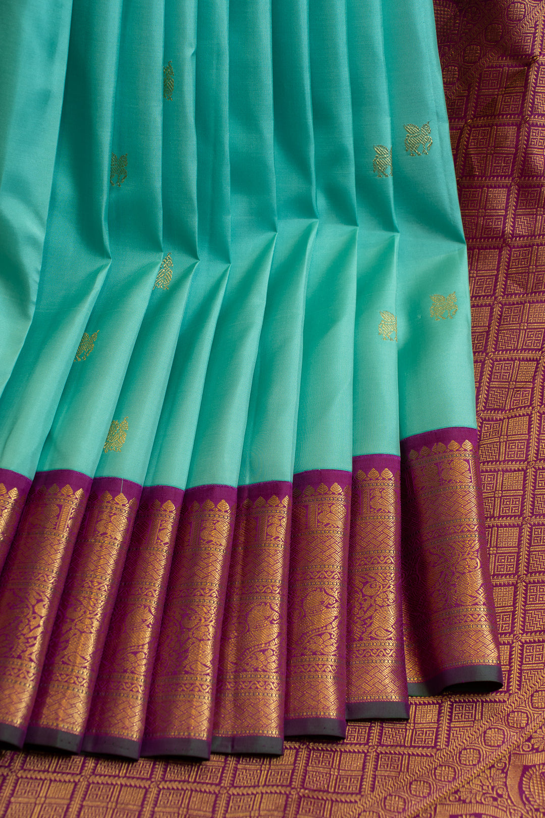 Turquoise blue and purple  pure Kanchipuram silk saree