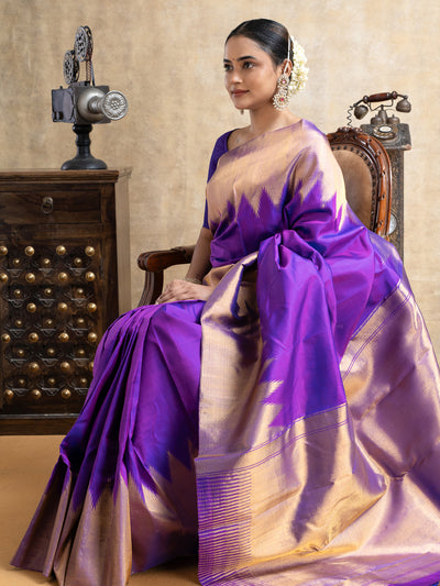 Aubergine Purple Temple Border Pure Kanchipuram Silk Saree