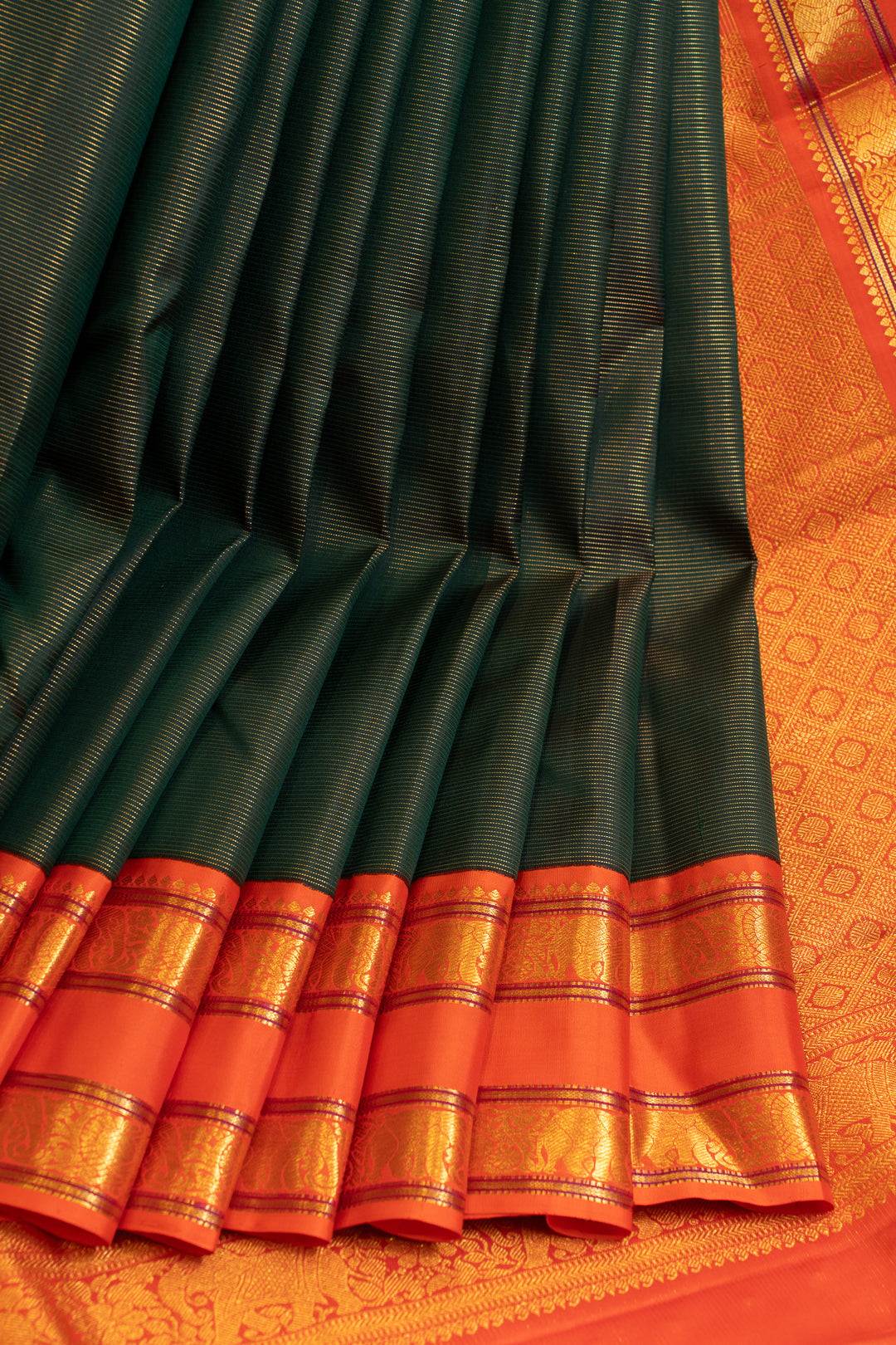 Bottle green and orange vairaoosi pure Kanchipuram silk saree