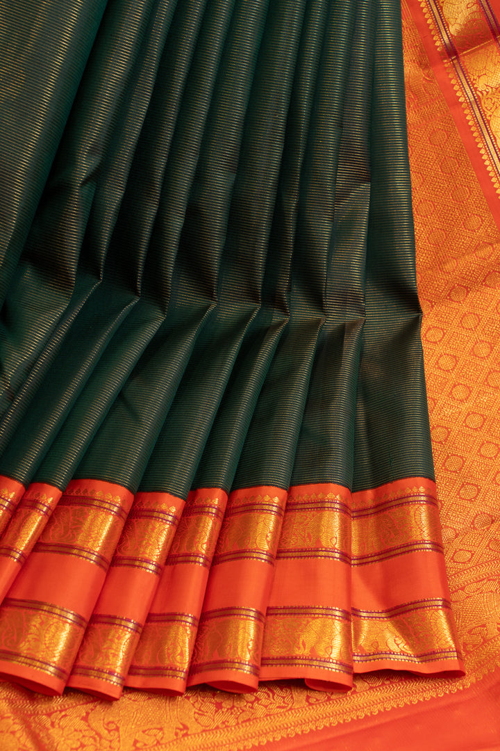 Bottle green and orange vairaoosi pure Kanchipuram silk saree