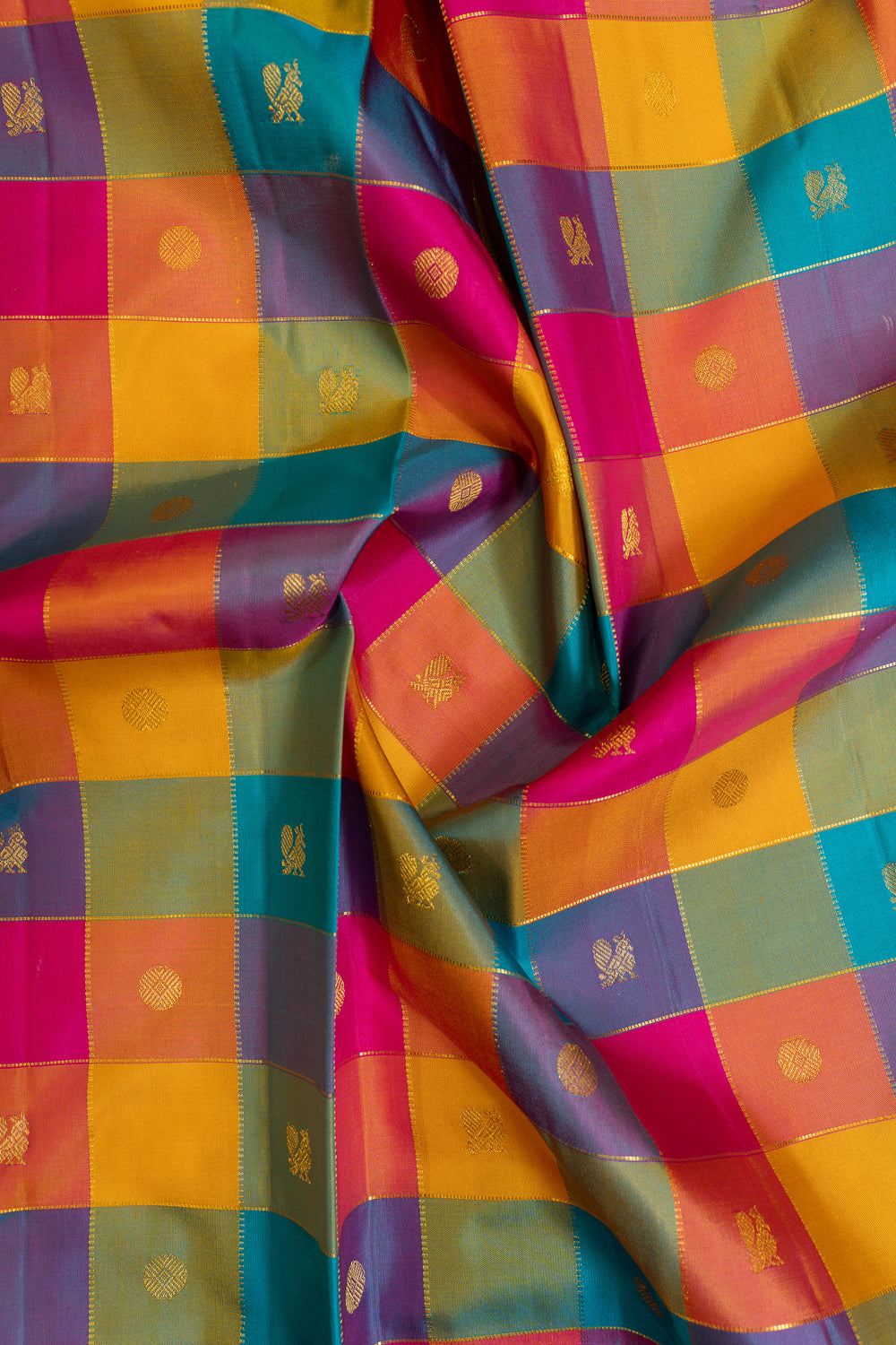 Palum pazhamum multi checks pure Kanchipuram silk saree