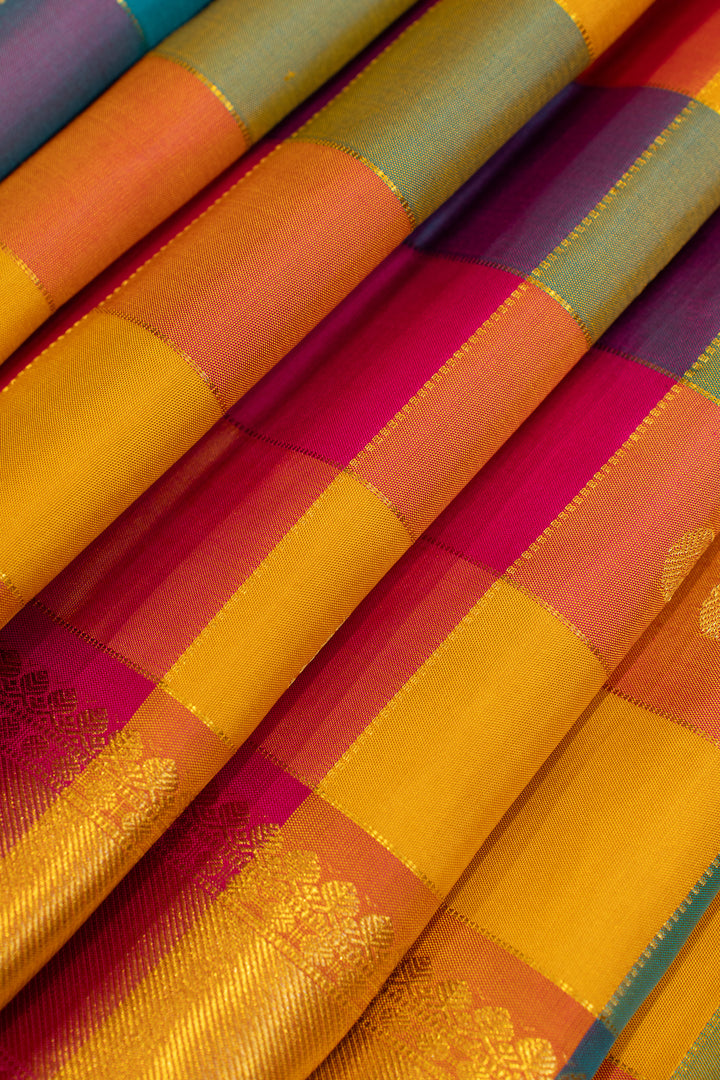 Palum pazhamum multi checks pure Kanchipuram silk saree