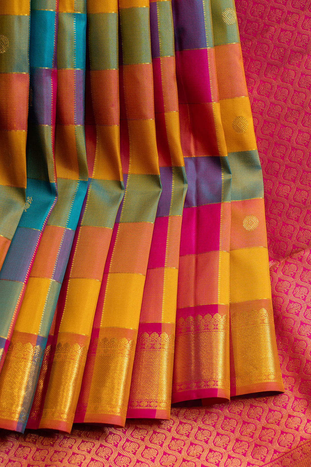 Palum pazhamum multi checks pure Kanchipuram silk saree