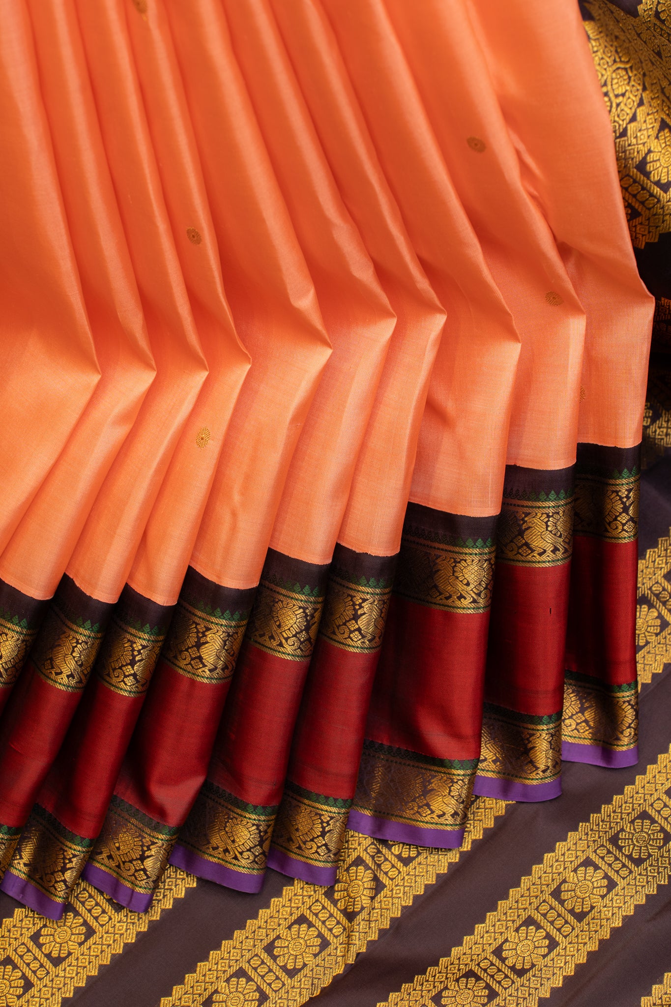 Peach and maroon rettai pettu pure zari Kanchipuram silk saree