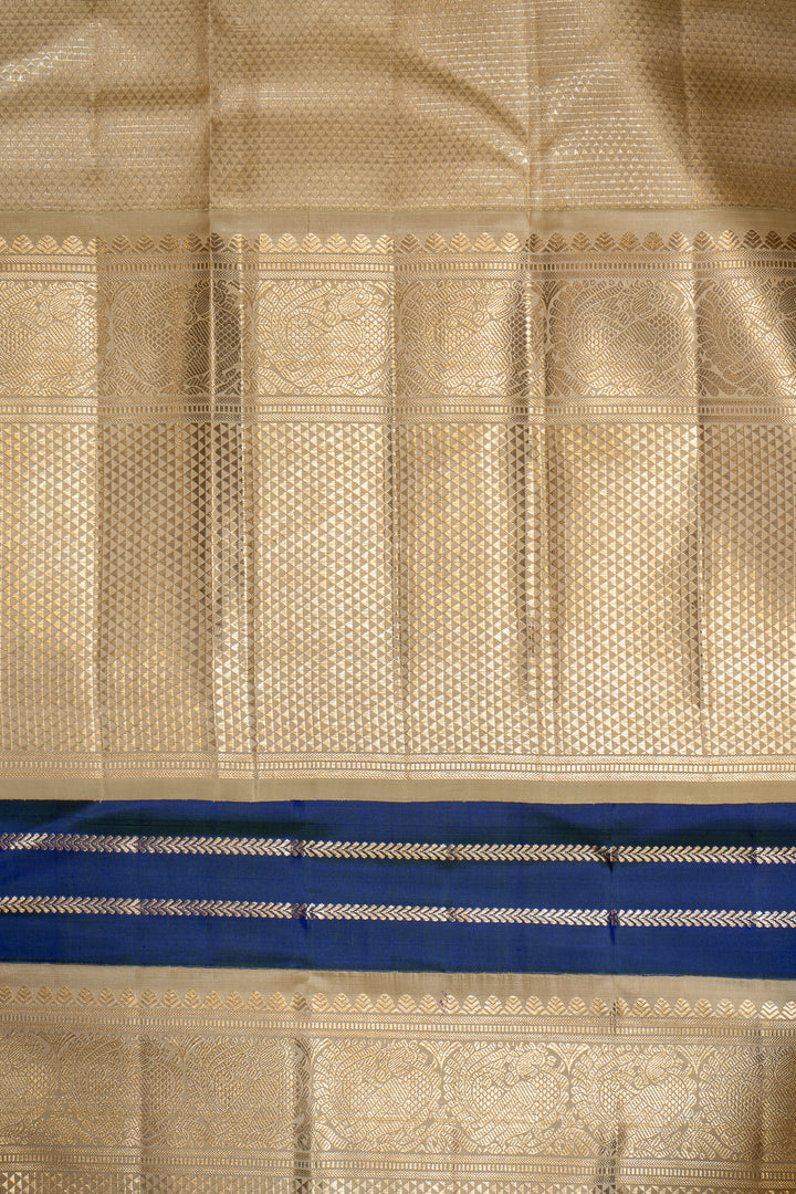 Peacock Blue Stripes Big Border Pure Kanchipuram Silk Saree - Clio Silks