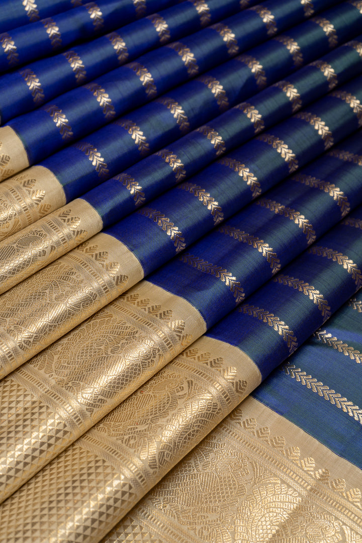 Peacock Blue Stripes Big Border Pure Kanchipuram Silk Saree - Clio Silks