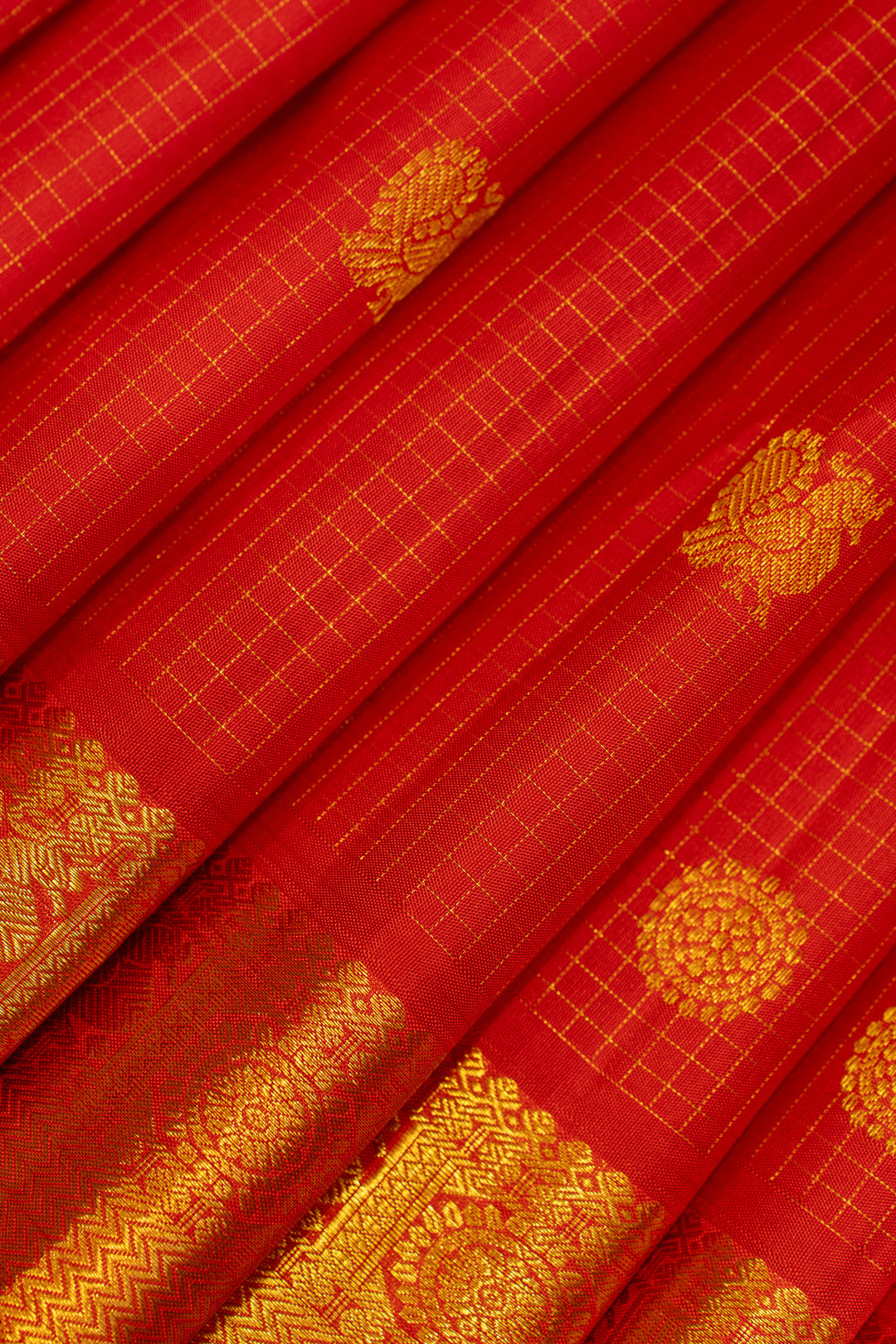 Red zari checks pure Kanchipuram silk saree