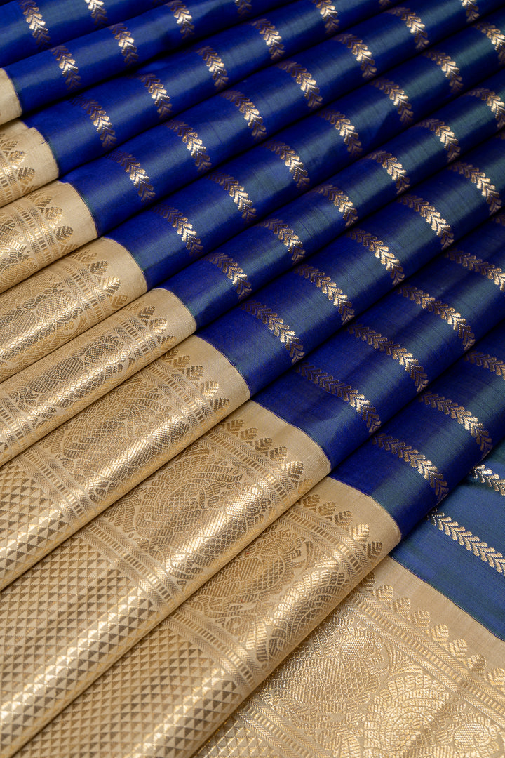 Peacock Blue Stripes Big Border Pure Kanchipuram Silk Saree - Clio Silks