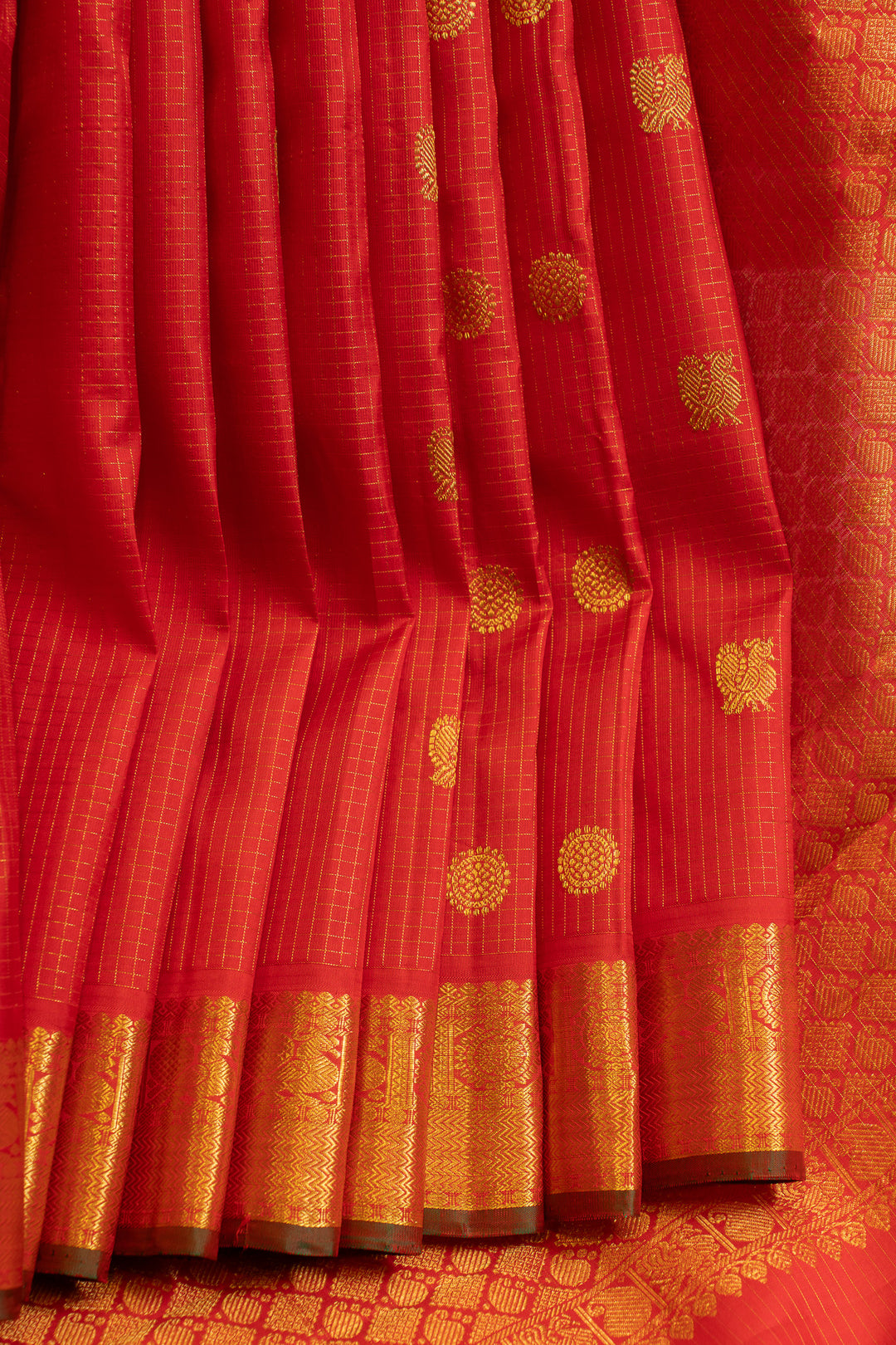 Red zari checks pure Kanchipuram silk saree
