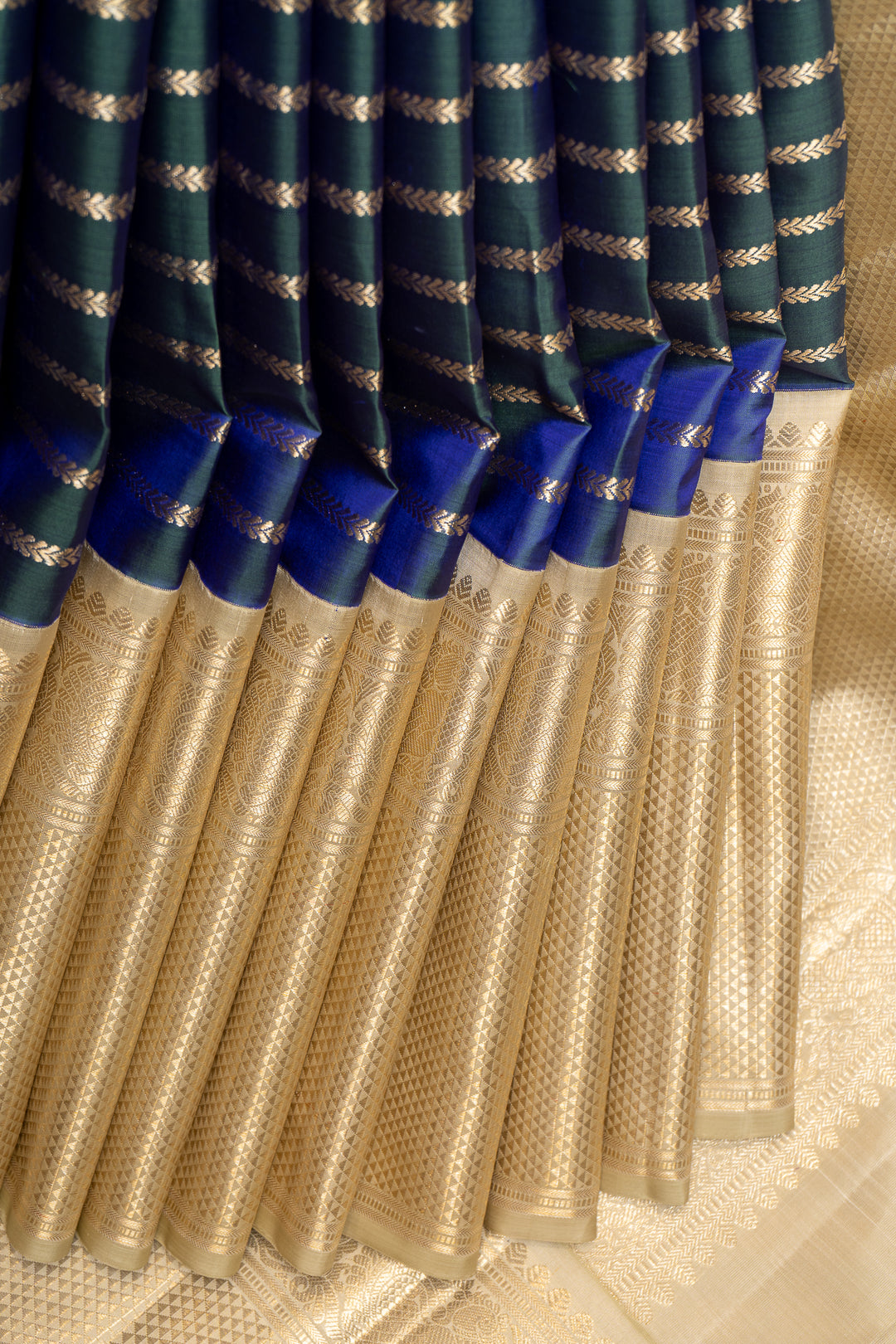Peacock Blue Stripes Big Border Pure Kanchipuram Silk Saree - Clio Silks