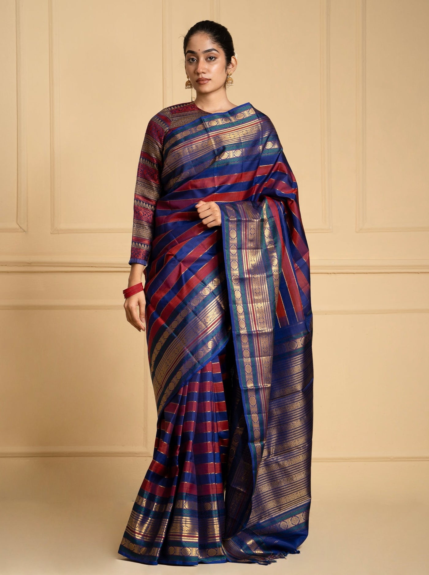 Blue and Maroon Vintage Zari Stripes Kanchipuram Silk Saree - Clio Silks