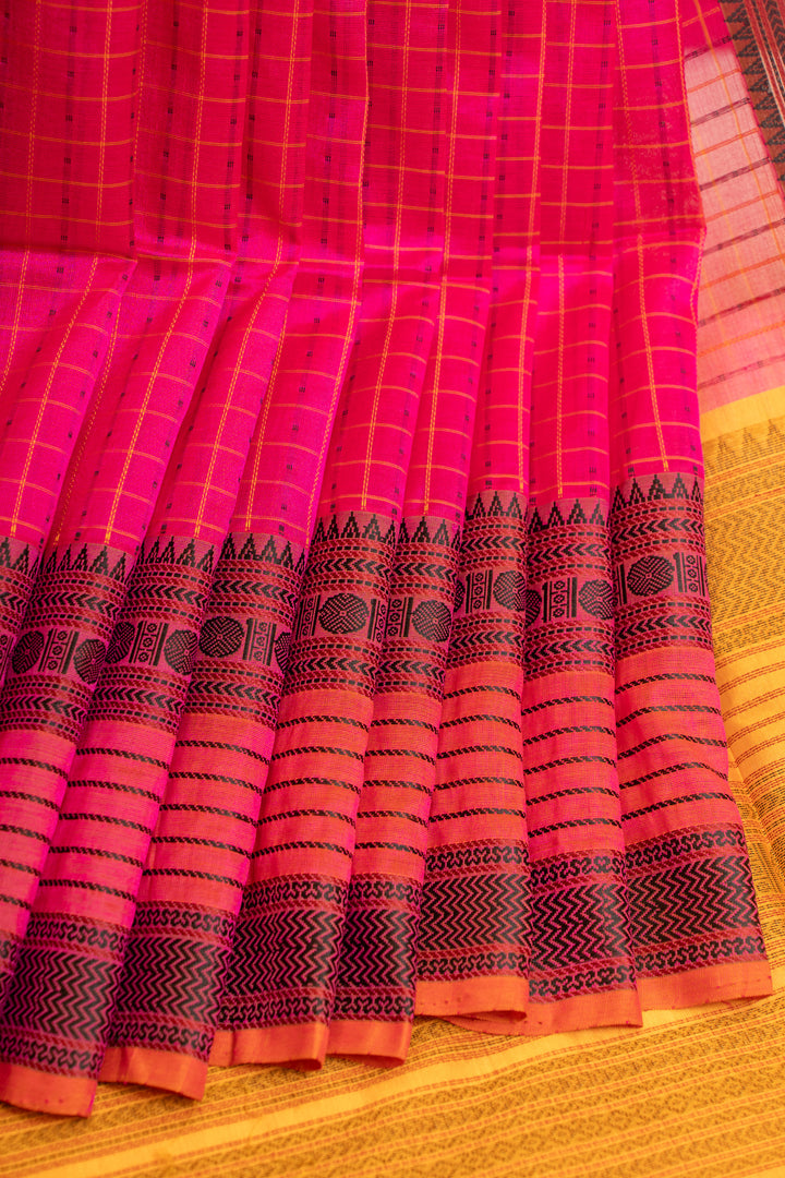 Pink thread checks pure silk cotton saree