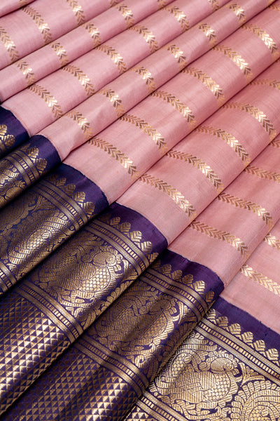 Rose Pink Stripes Big Border Pure Kanchipuram Silk Saree - Clio Silks