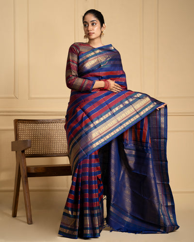 Blue and Maroon Vintage Zari Stripes Kanchipuram Silk Saree - Clio Silks