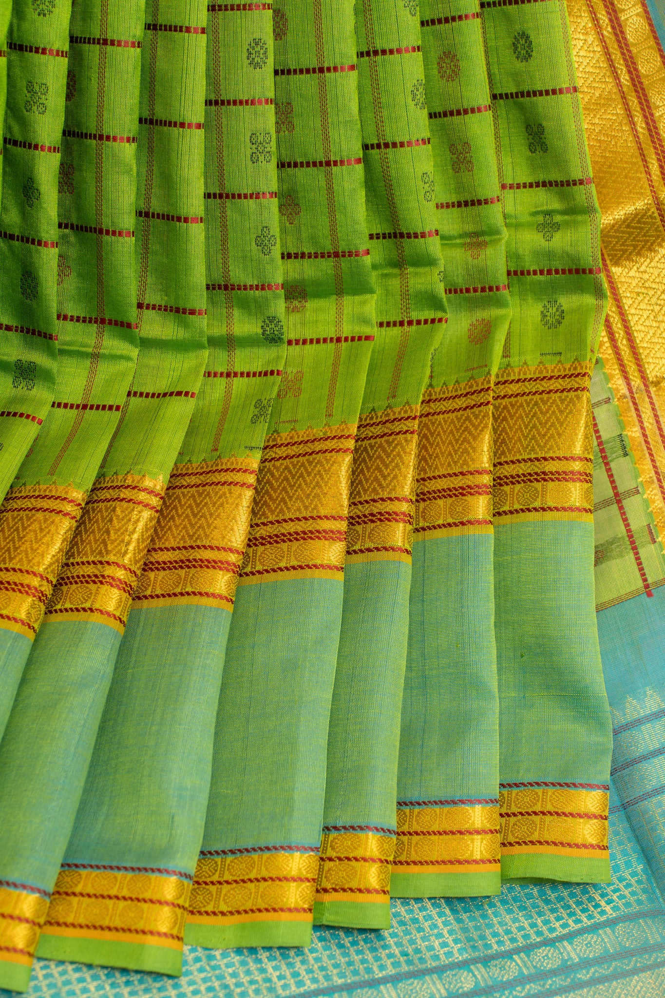 Parrot green thread checks pure silk cotton saree