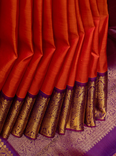 Scarlet Red Stripes Pure Zari Korvai Kanchipuram Silk Saree - Clio Silks