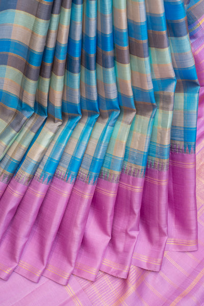 Blue multi checks pure zari Kanchipuram silk saree