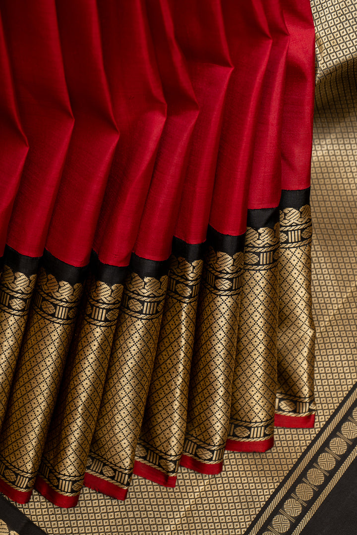 Ruby Red and Black Without Zari Kanchipuram Silk Saree - Clio Silks