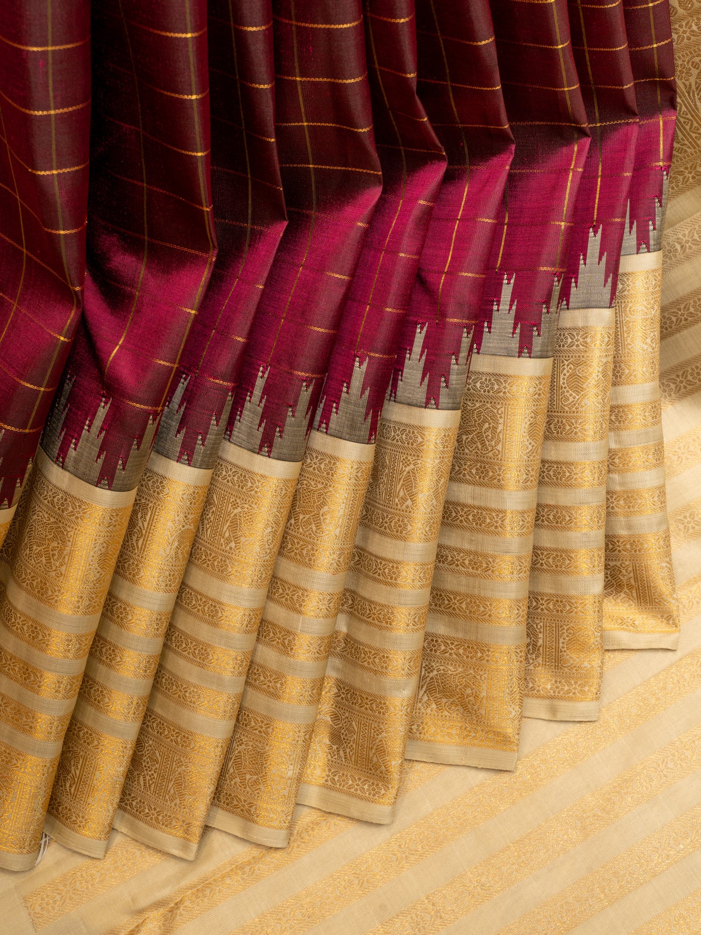 Maroon and ivory pure zari Kanchipuram silk saree