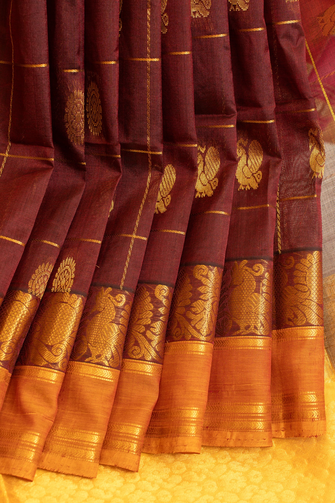 Brown and mustard pure silk cotton saree