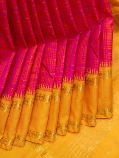 Magenta pink multi checks pure zari Kanchipuram silk saree