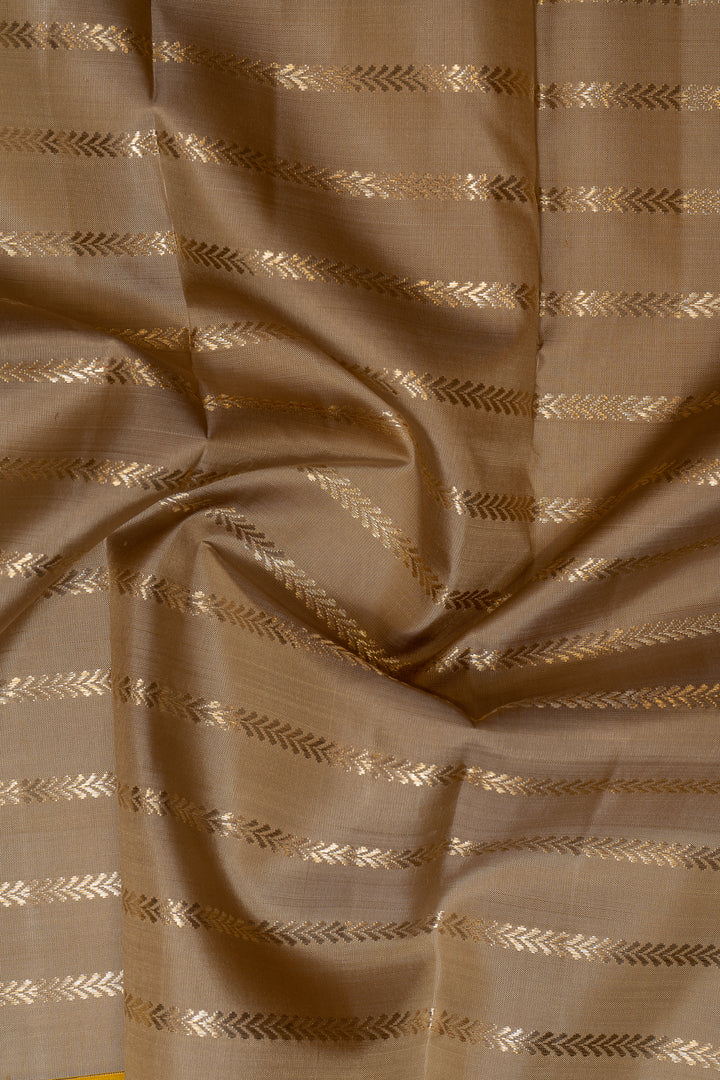 Beige and Yellow Stripes Big Border Kanchipuram Silk Saree - Clio Silks