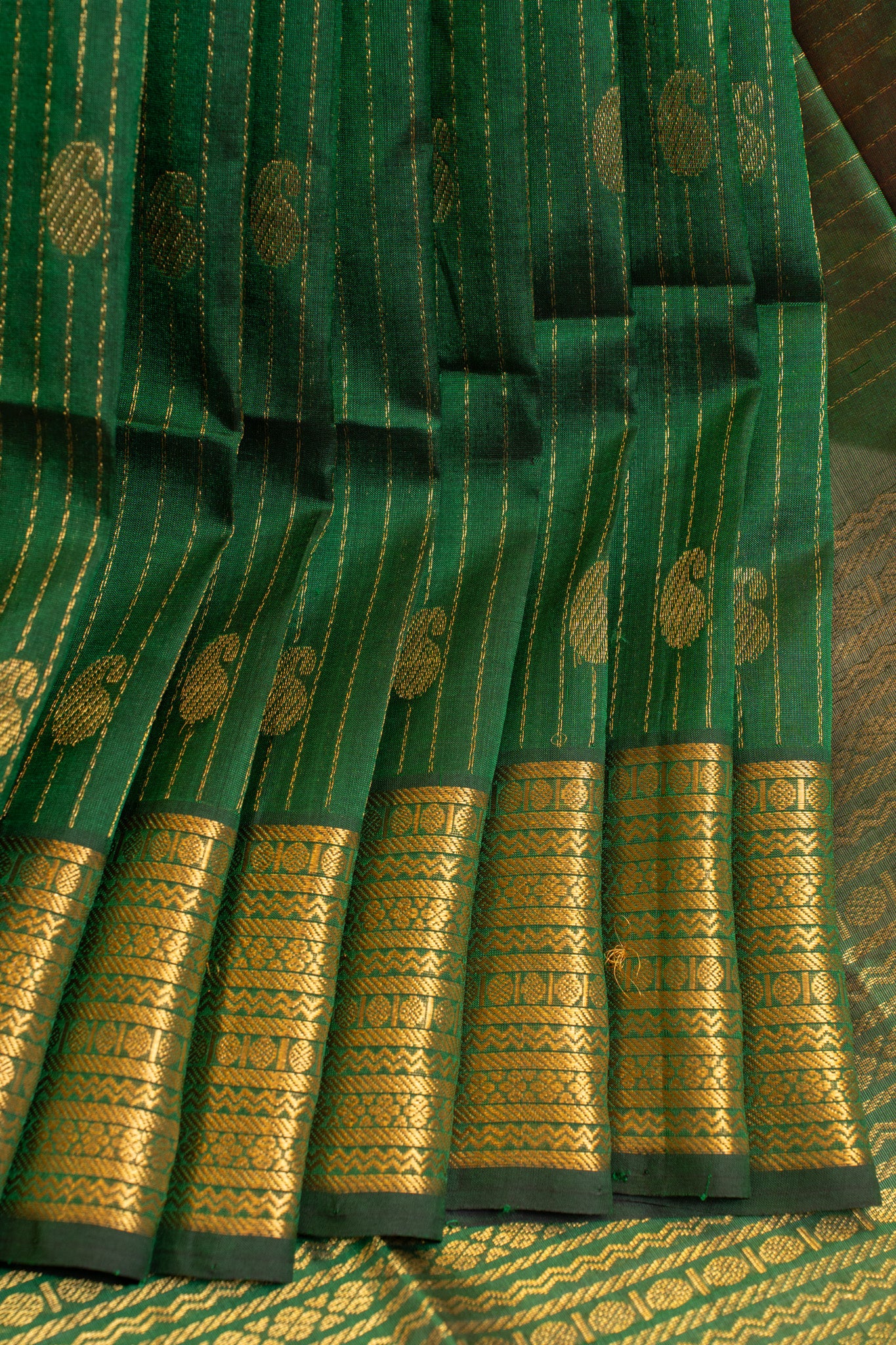 Emerald green zari stripes pure silk cotton saree