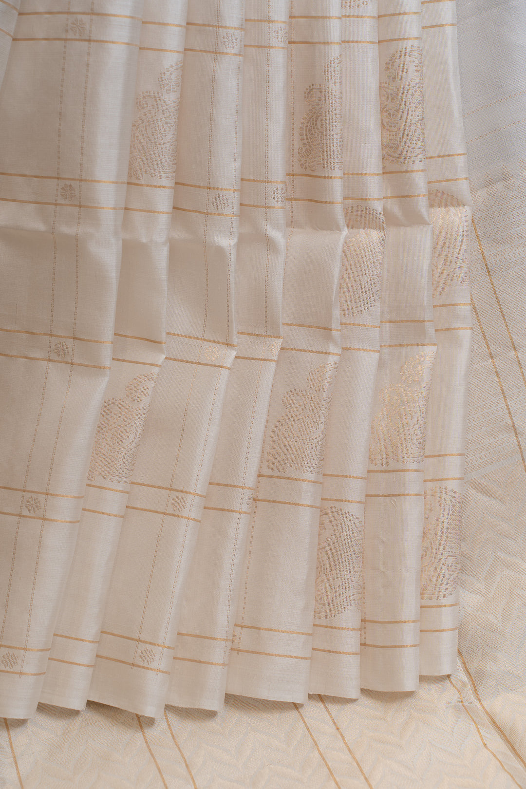Pearl white zari checks pure soft silk saree