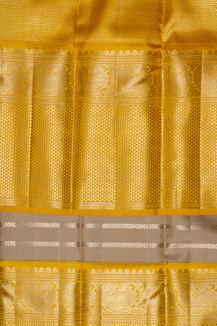 Beige and Yellow Stripes Big Border Kanchipuram Silk Saree - Clio Silks