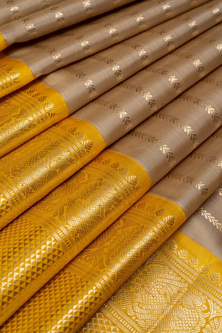 Beige and Yellow Stripes Big Border Kanchipuram Silk Saree - Clio Silks