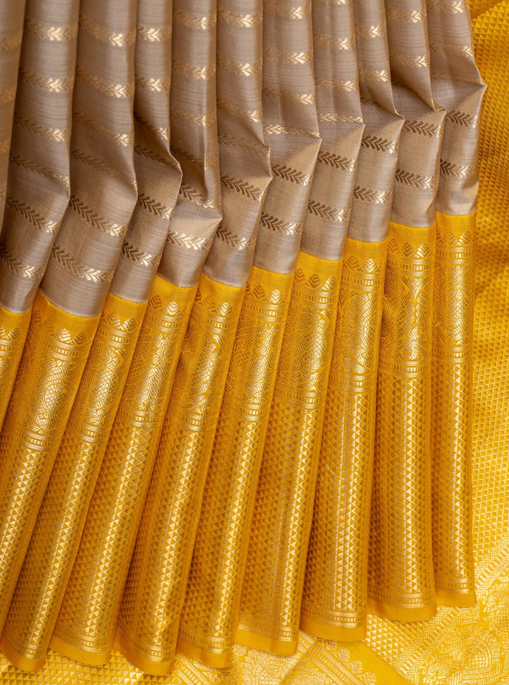 Beige and Yellow Stripes Big Border Kanchipuram Silk Saree - Clio Silks
