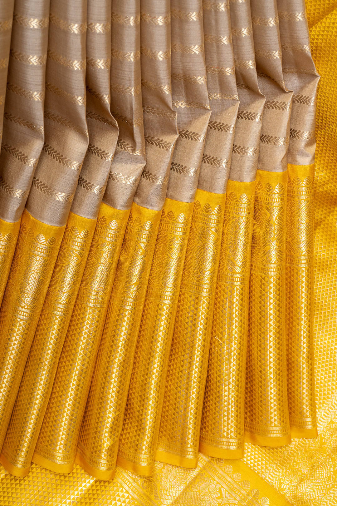 Beige and Yellow Stripes Big Border Kanchipuram Silk Saree - Clio Silks