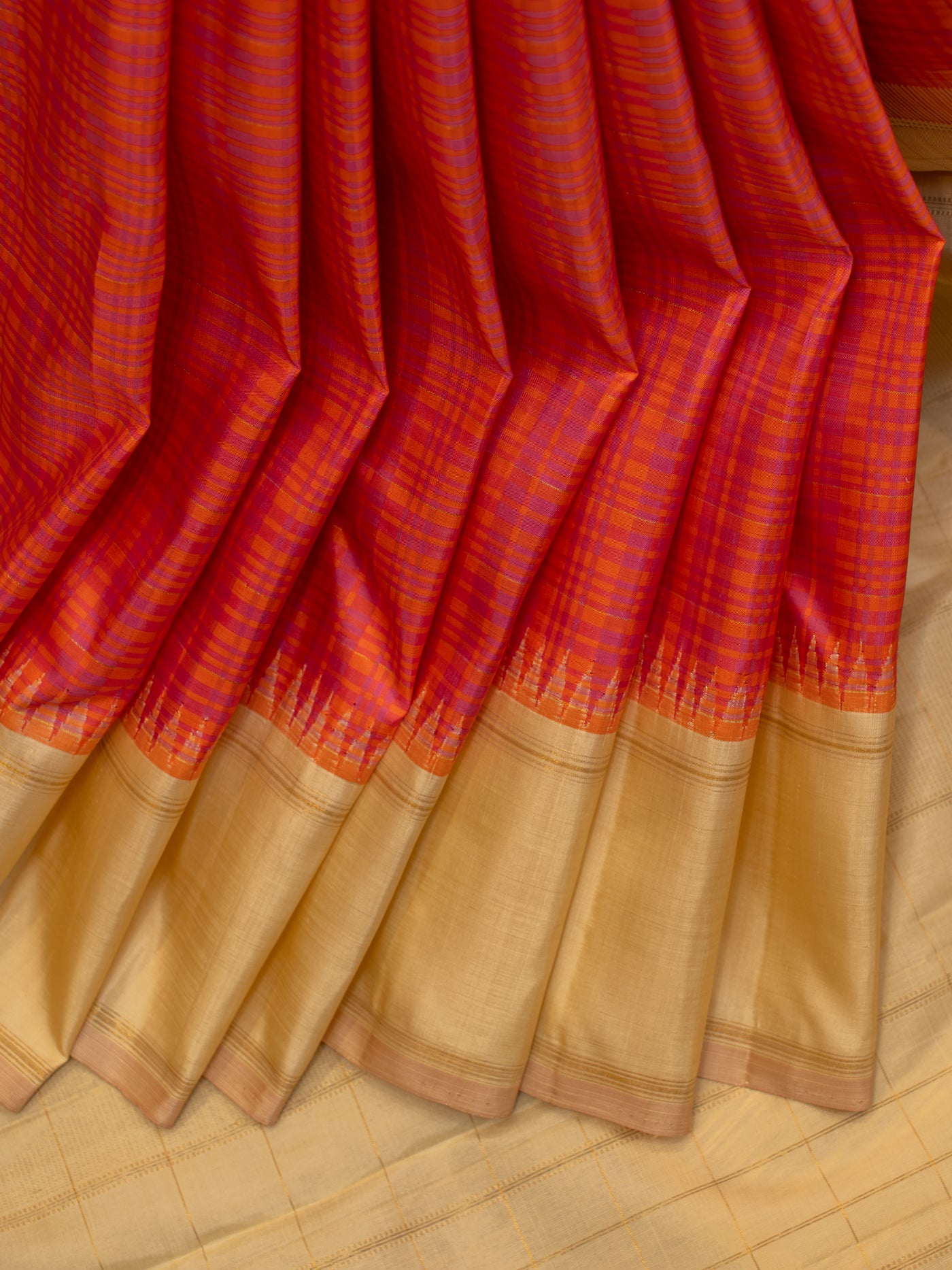 Orange and magenta checks pure zari Kanchipuram silk saree