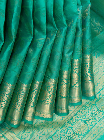 Teal Blue Floral Zari Brocade Pure Kanchipuram Silk Saree - Clio Silks