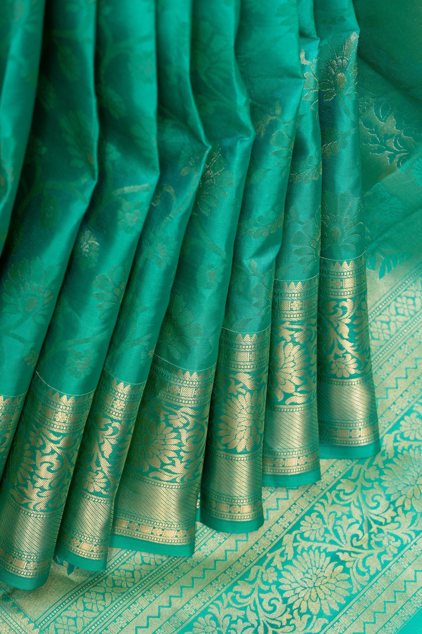 Teal Blue Floral Zari Brocade Pure Kanchipuram Silk Saree - Clio Silks
