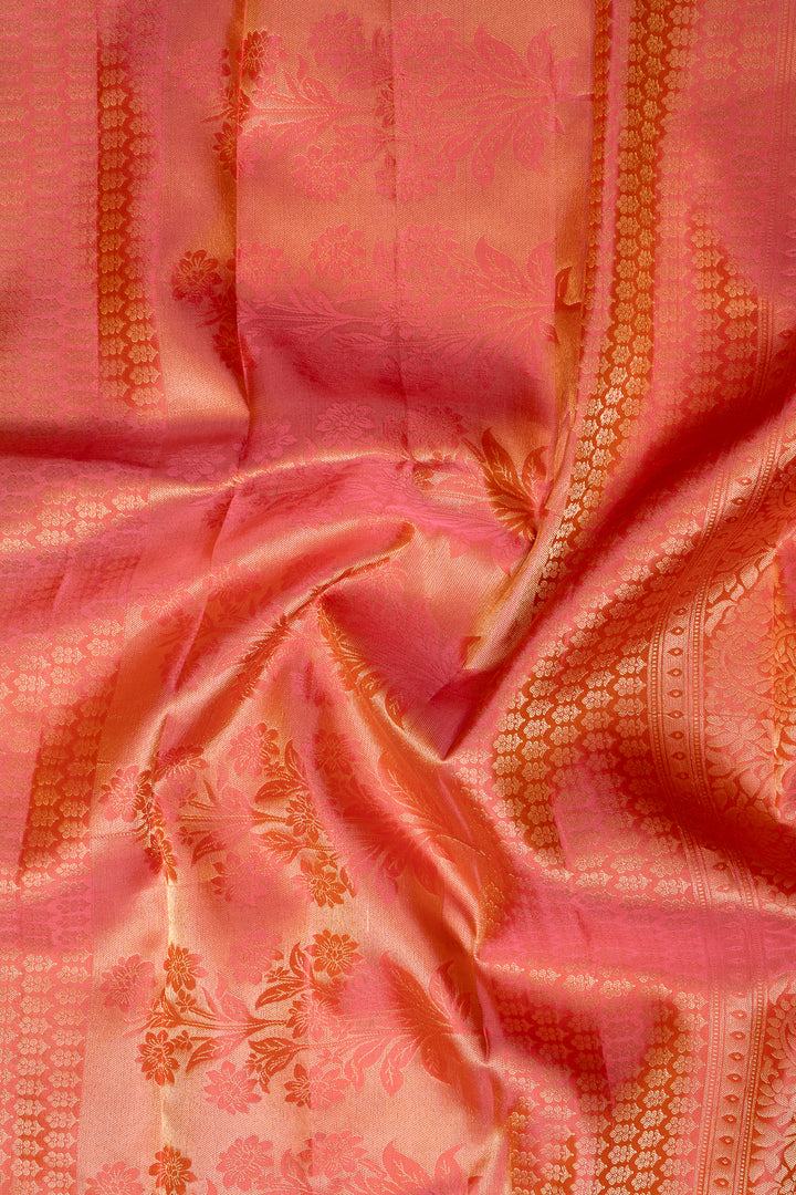 Pastel Yellow and Peach Brocade Kanchipuram Pattu Silk Saree - Clio Silks