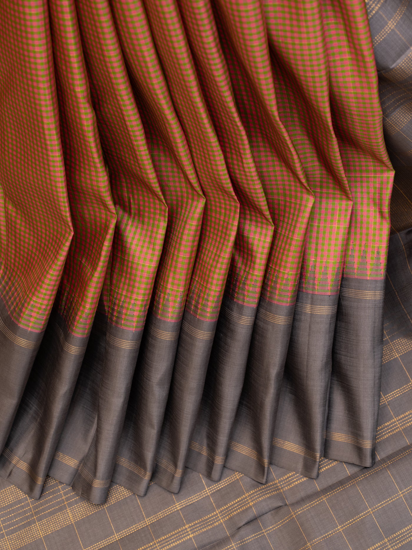 Peach and grey multi checks pure zari Kanchipuram silk saree