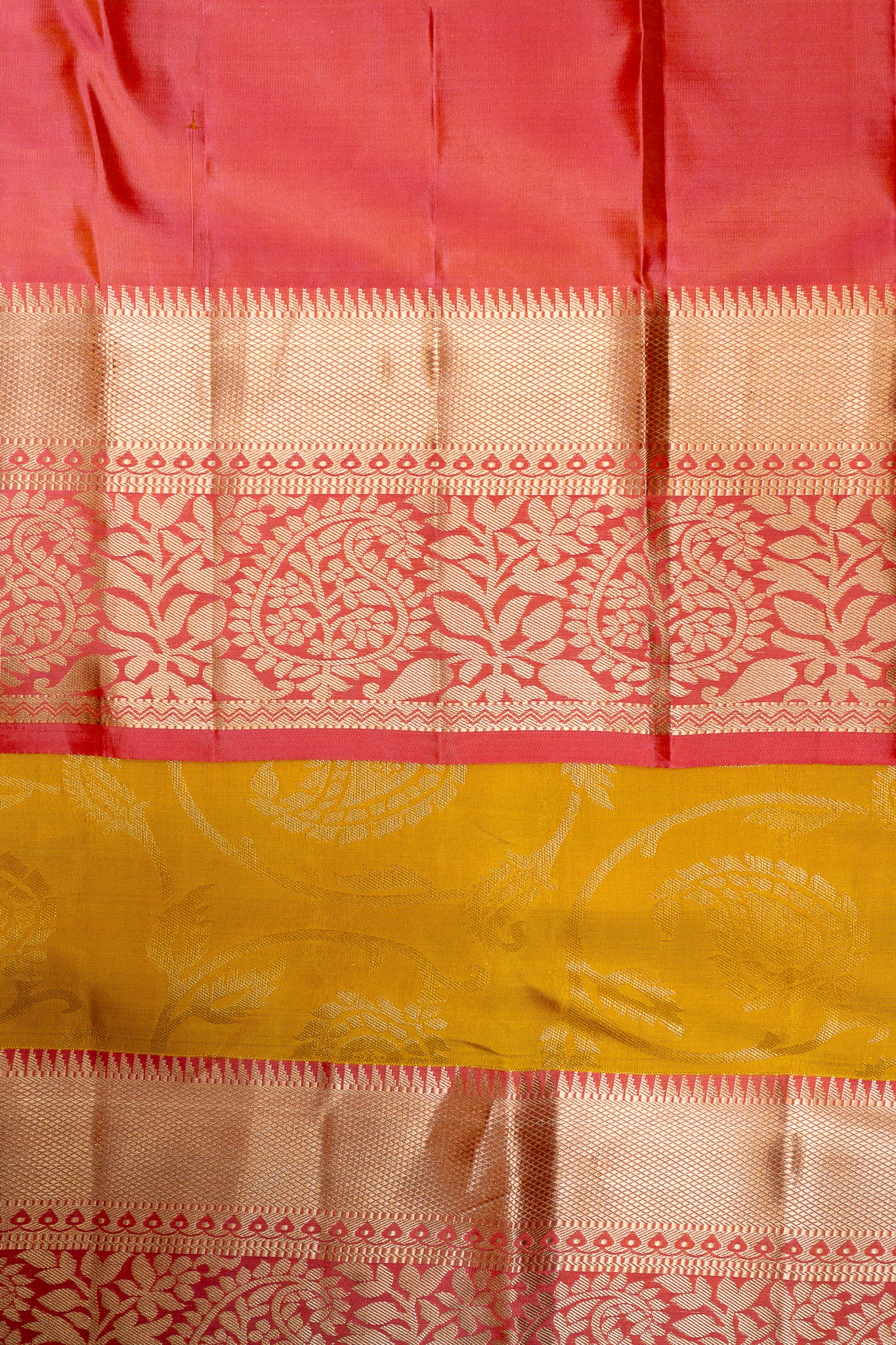 Pastel Yellow and Peach Brocade Kanchipuram Pattu Silk Saree - Clio Silks