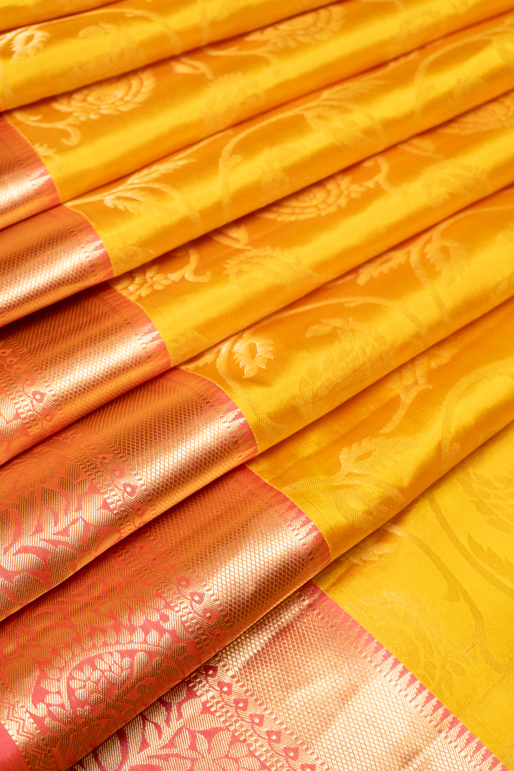 Pastel Yellow and Peach Brocade Kanchipuram Pattu Silk Saree - Clio Silks